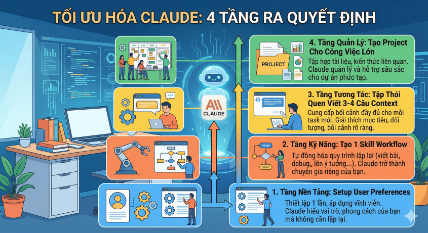 Làm việc với Claude AI hiệu quả: 4 tầng bạn cần setup